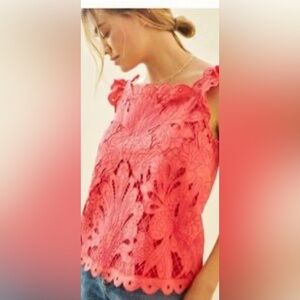 Maeve by Anthropologie Red scalloped Lace Ruffle Blouse